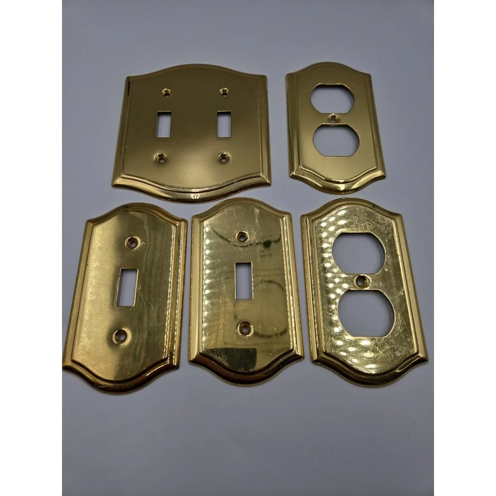 Vtg 5 Piece Gold Solid Brass Wall Switch Outlet Plate Covers MCM Art Deco